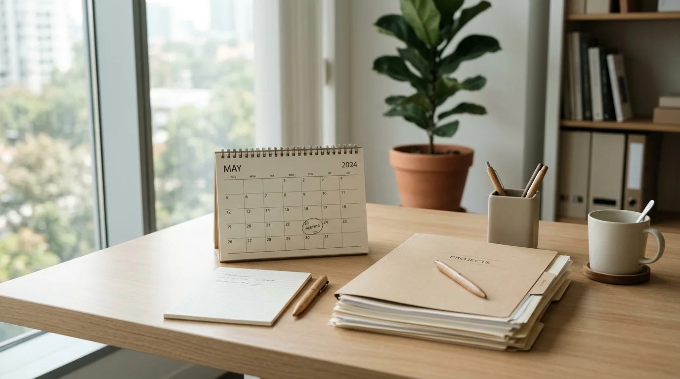 Calm office desk with a calendar and document folder