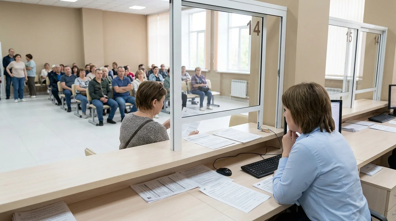 Окно МФЦ с документами на стойке и спокойной очередью посетителей